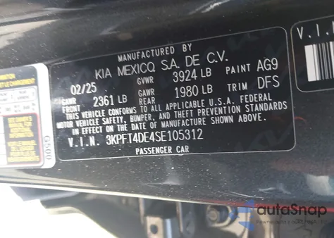 2025 Kia K4 Lx/Lxs z USA, uszkodzony, nr VIN 3KPFT4DE4SE105312